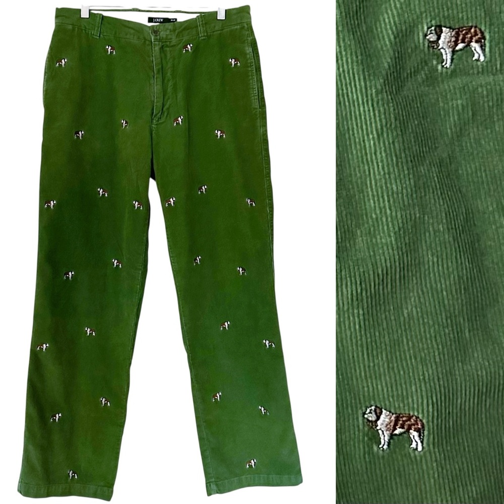 J. Crew Vintage Green Corduroy Pants Embroidered Saint Bernard Dogs Size 34 x 32